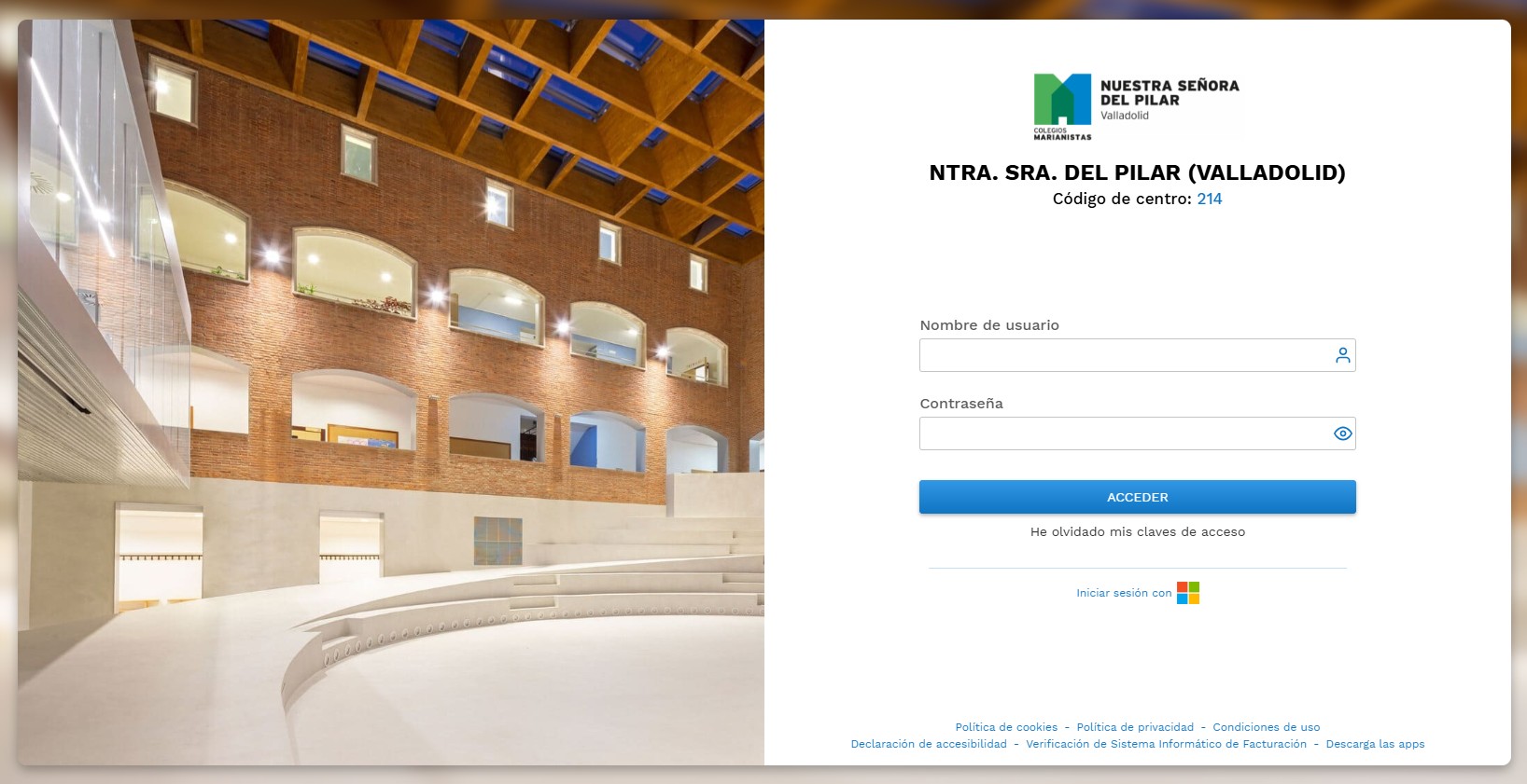 Pantalla de inicio de sesión de Educamos del colegio
